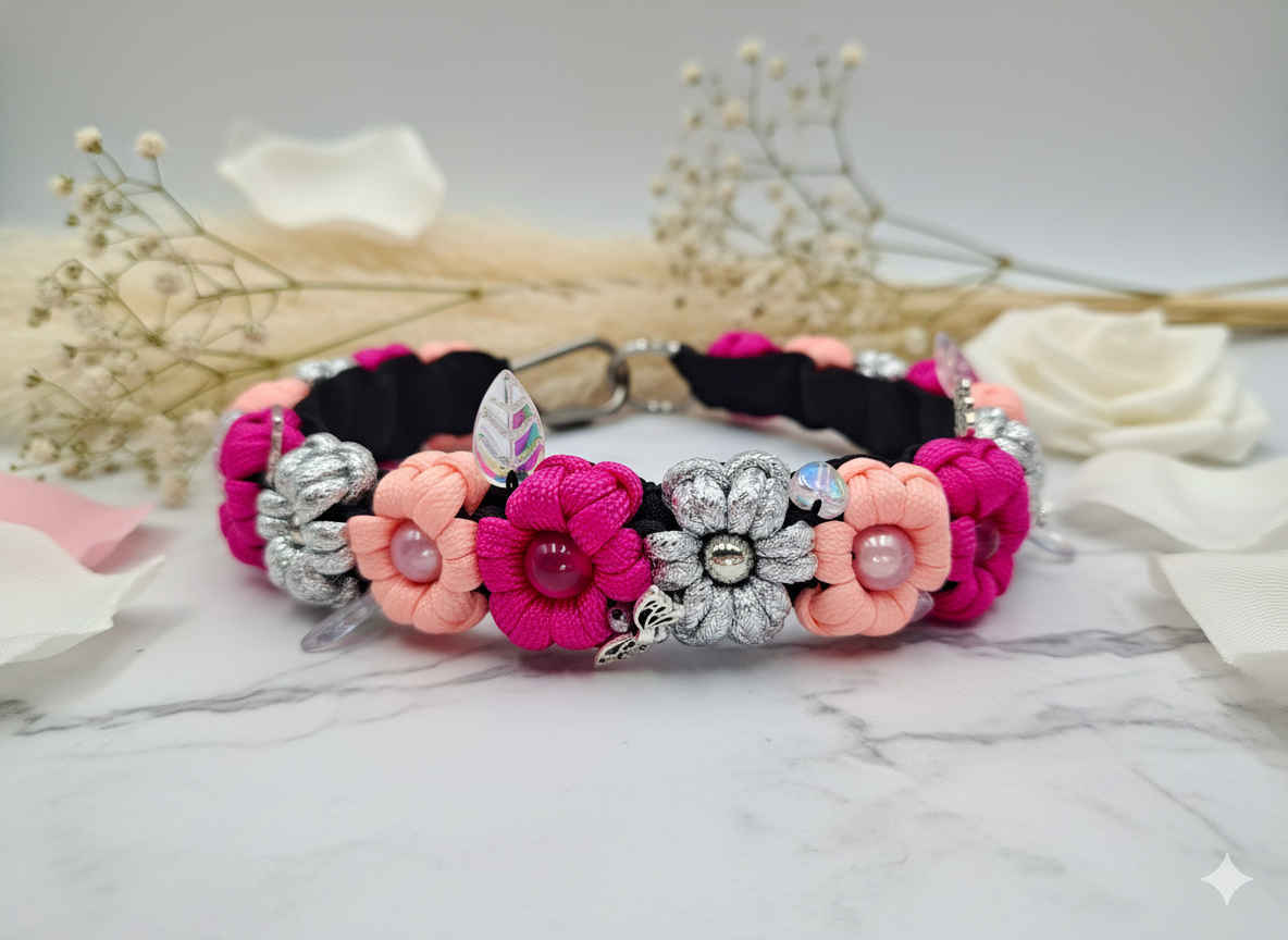 🌸 Magenta Disco-Floral Pet Collar with glow in the dark.