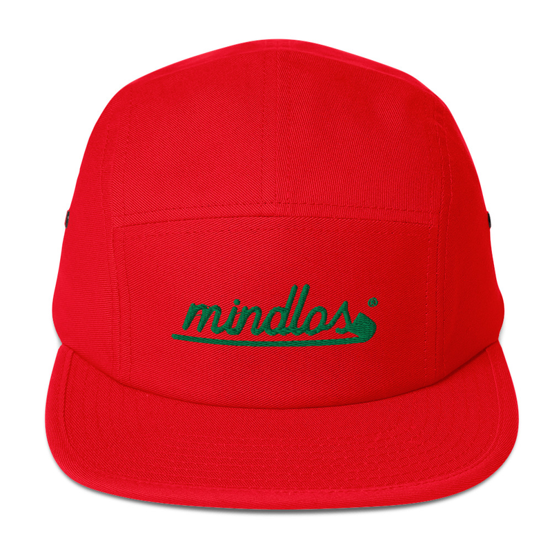 Mindlos Red Five Panel Cap with a Nylon strap clip closure