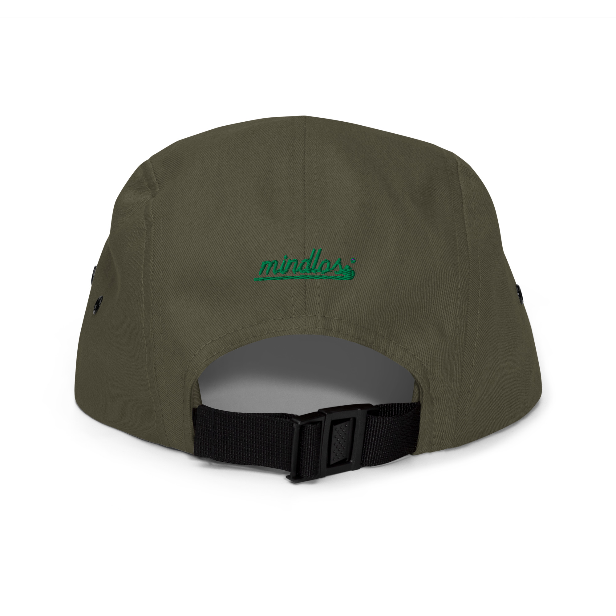 Mindlos Olive Five Panel Cap with a Nylon strap clip closure
