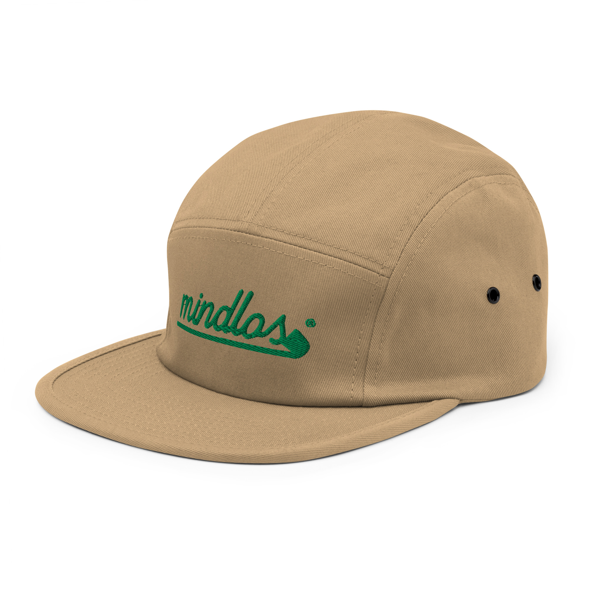 Mindlos Khaki Five Panel Cap with a Nylon strap clip closure