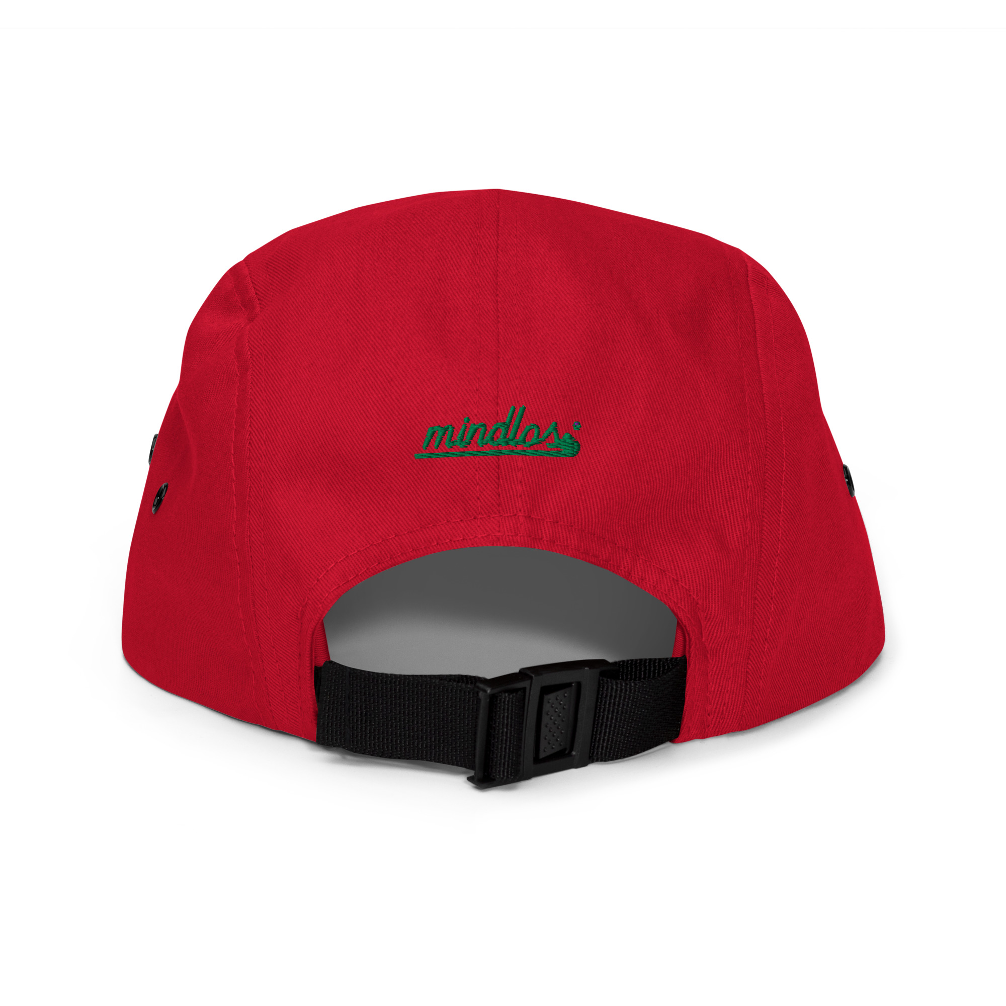 Mindlos Red Five Panel Cap with a Nylon strap clip closure