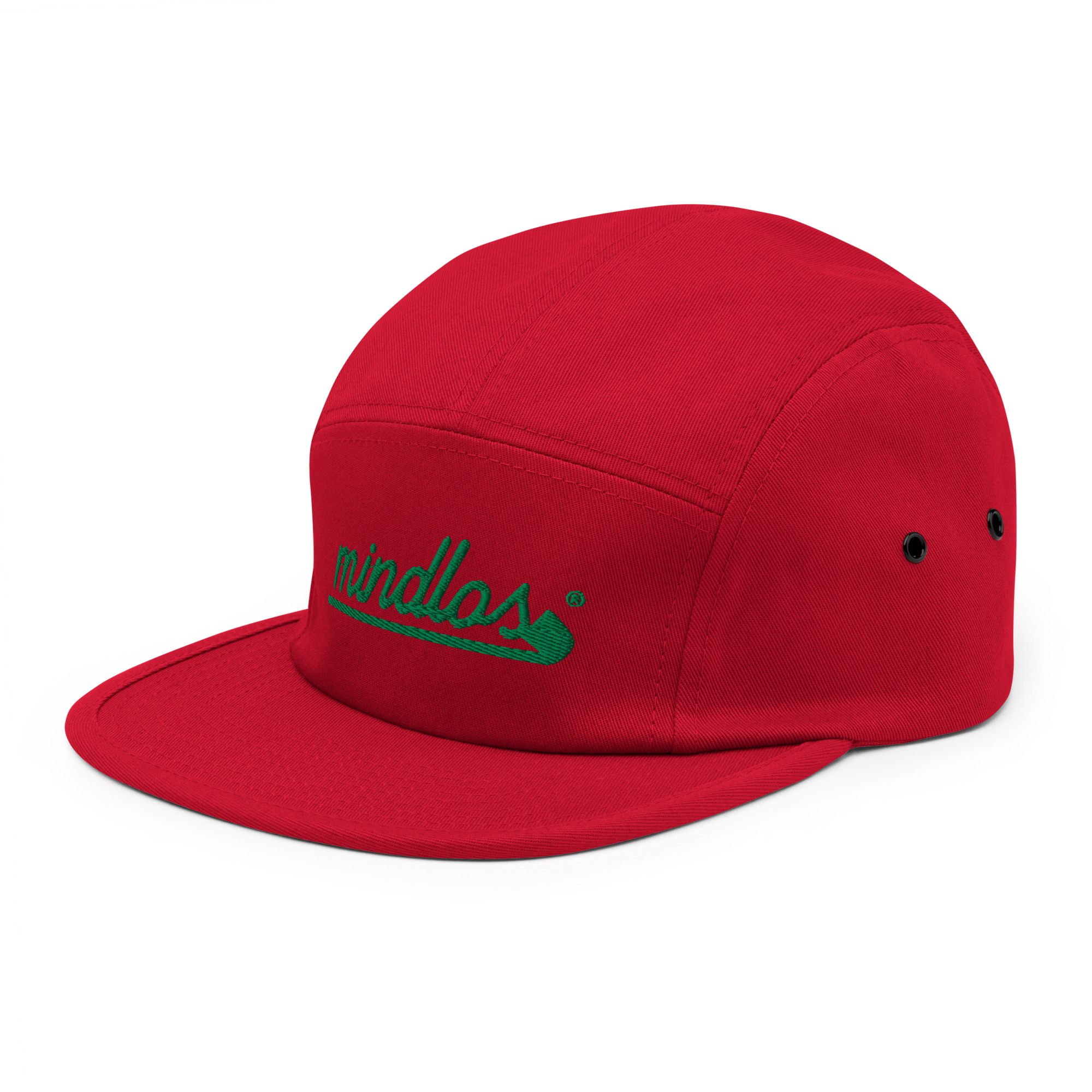 Mindlos Red Five Panel Cap with a Nylon strap clip closure