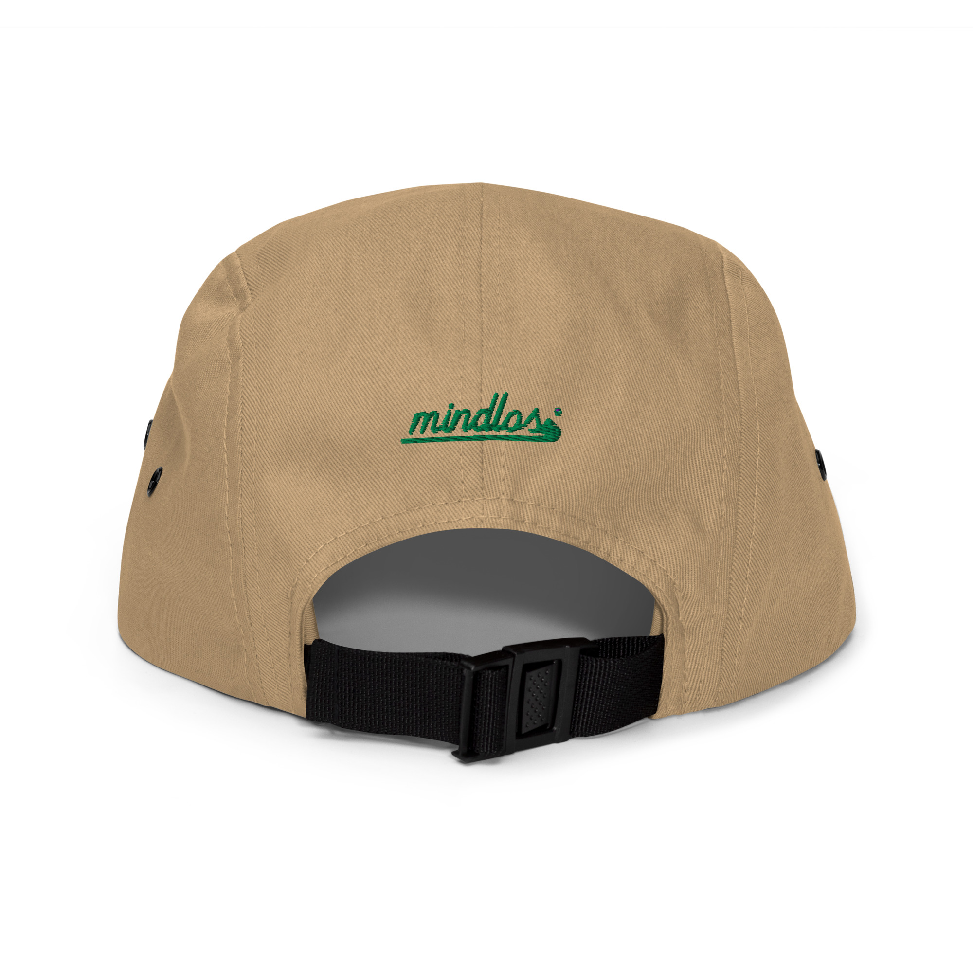 Mindlos Khaki Five Panel Cap with a Nylon strap clip closure