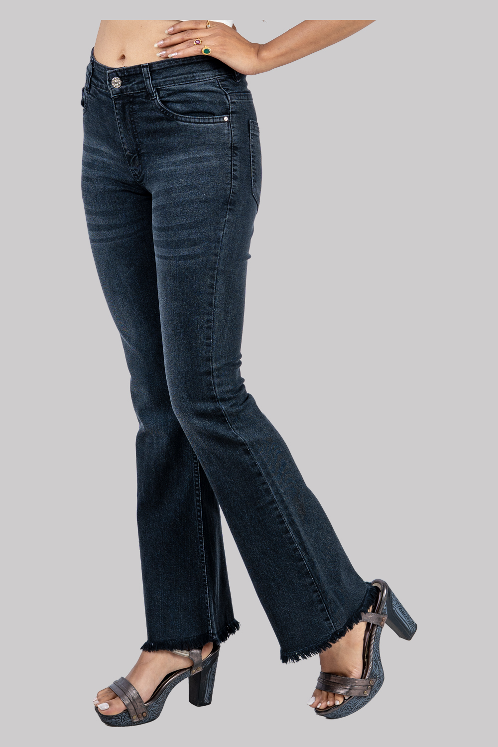 Flared High-Waist Denim Jeans – Black with Frayed Hem