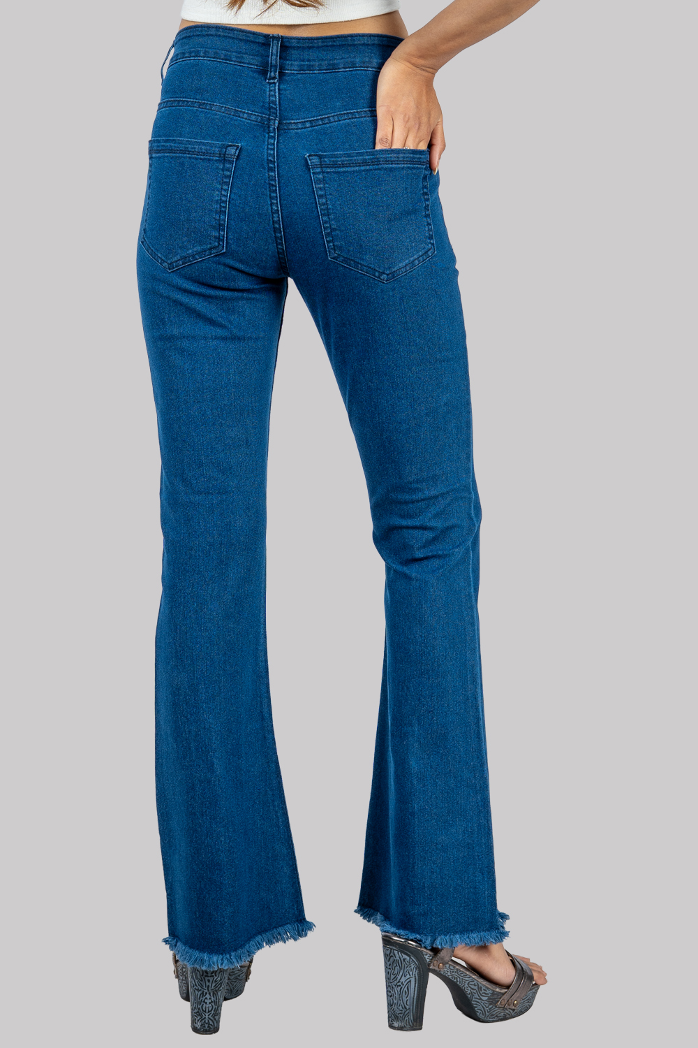 Flared High-Waist Denim Jeans – Dark Wash with Frayed Hem