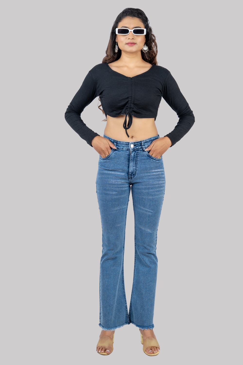 Flared High-Waist Denim Jeans – Light Blue with Frayed Hem