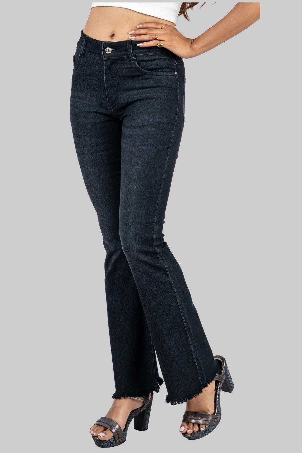 Bootcut High-Waist Denim Jeans – Black with Frayed Hem