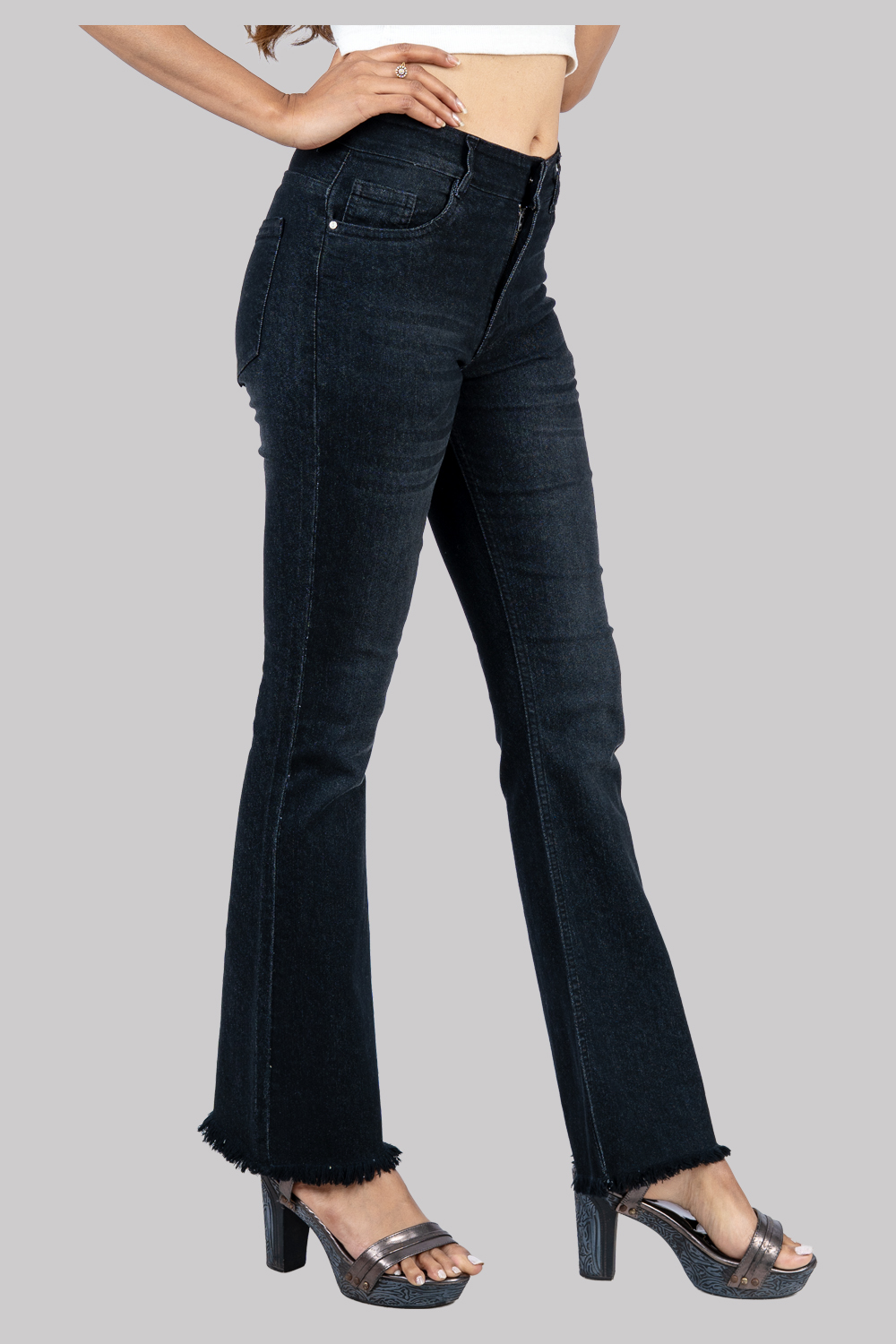 Bootcut High-Waist Denim Jeans – Black with Frayed Hem