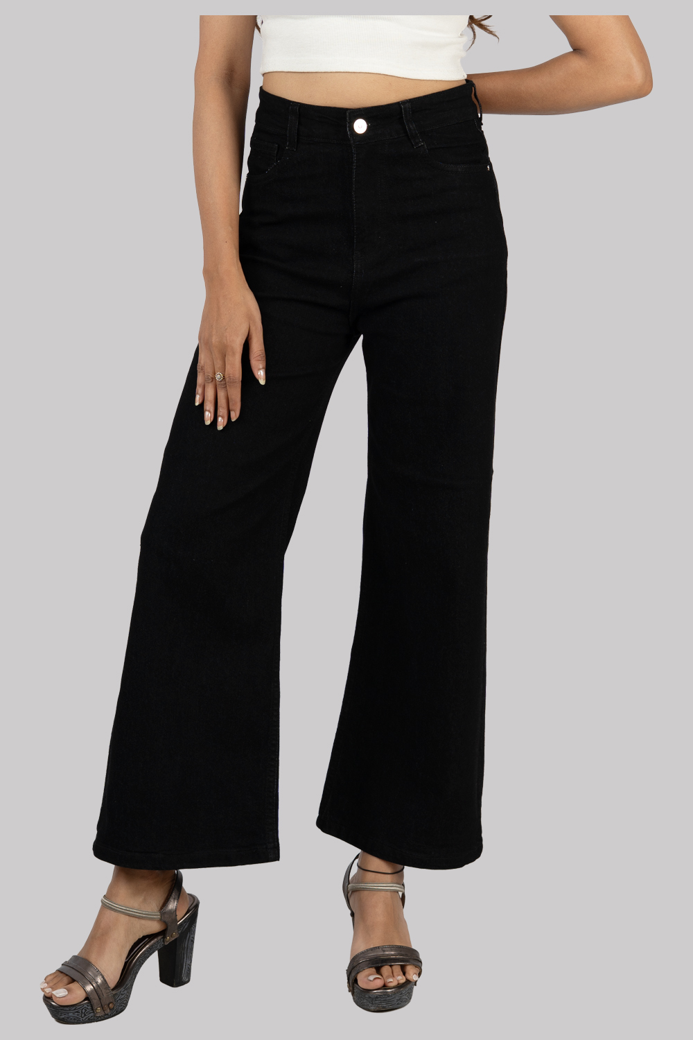 Wide-Leg High-Waist Denim Jeans – Pure Cotton Black