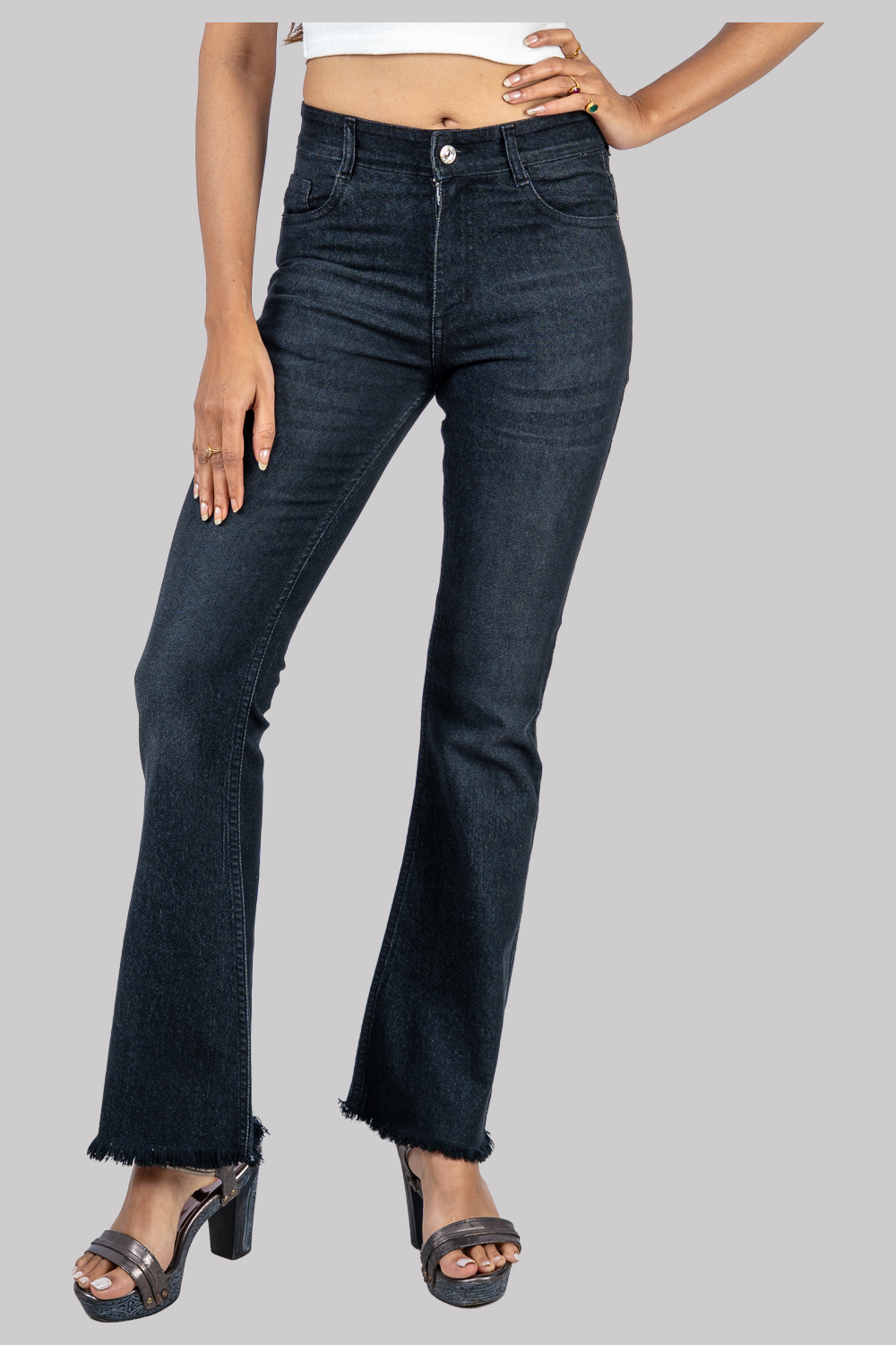 Bootcut High-Waist Denim Jeans – Black with Frayed Hem