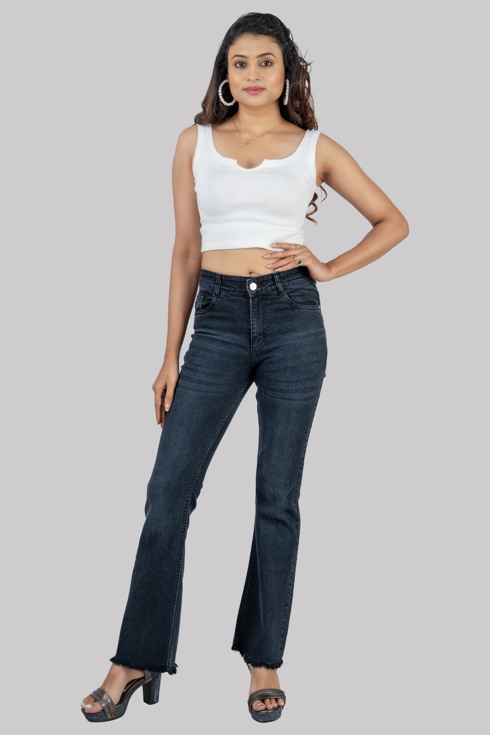 Flared High-Waist Denim Jeans – Black with Frayed Hem