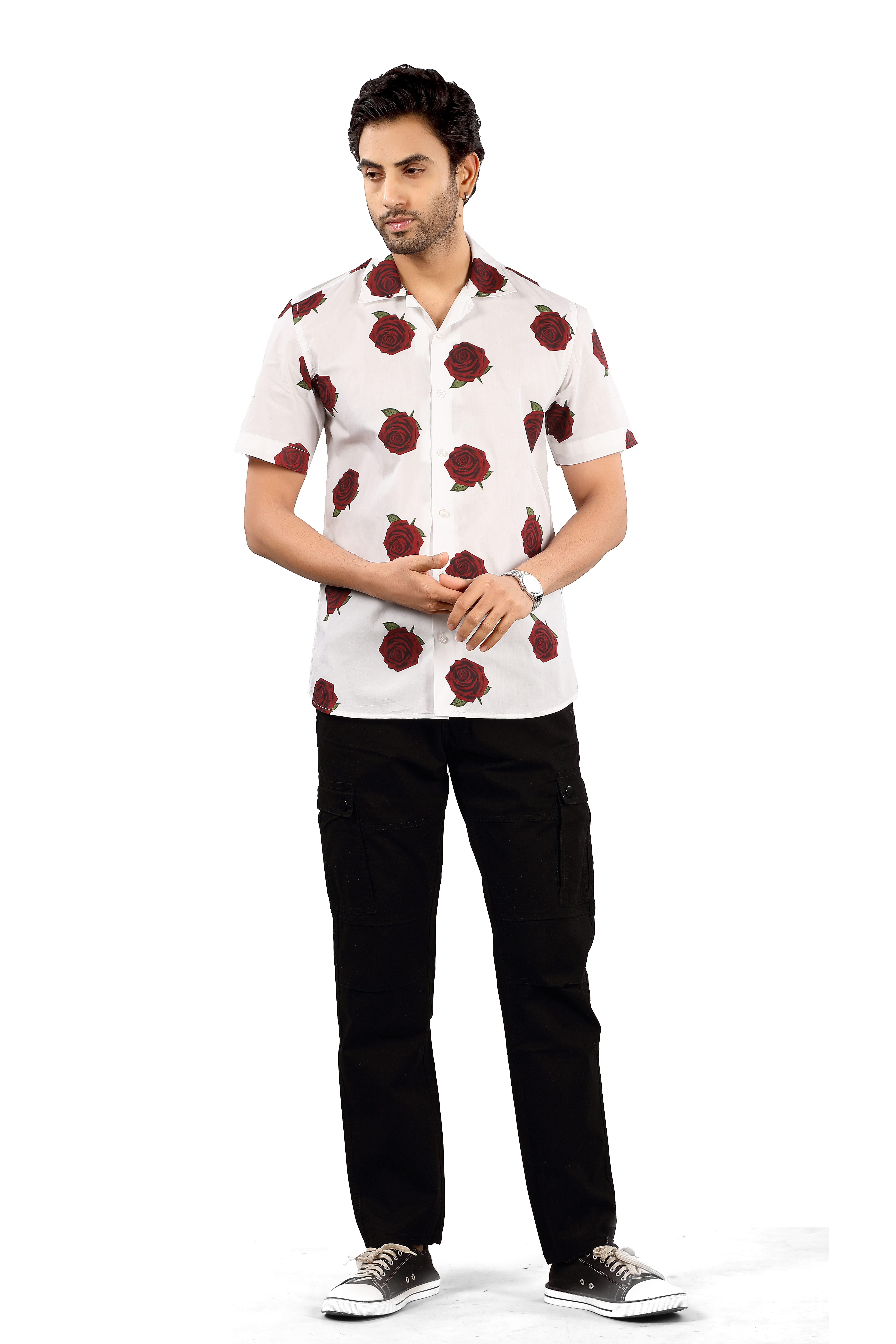 Cotton White Rose Printed Shirt