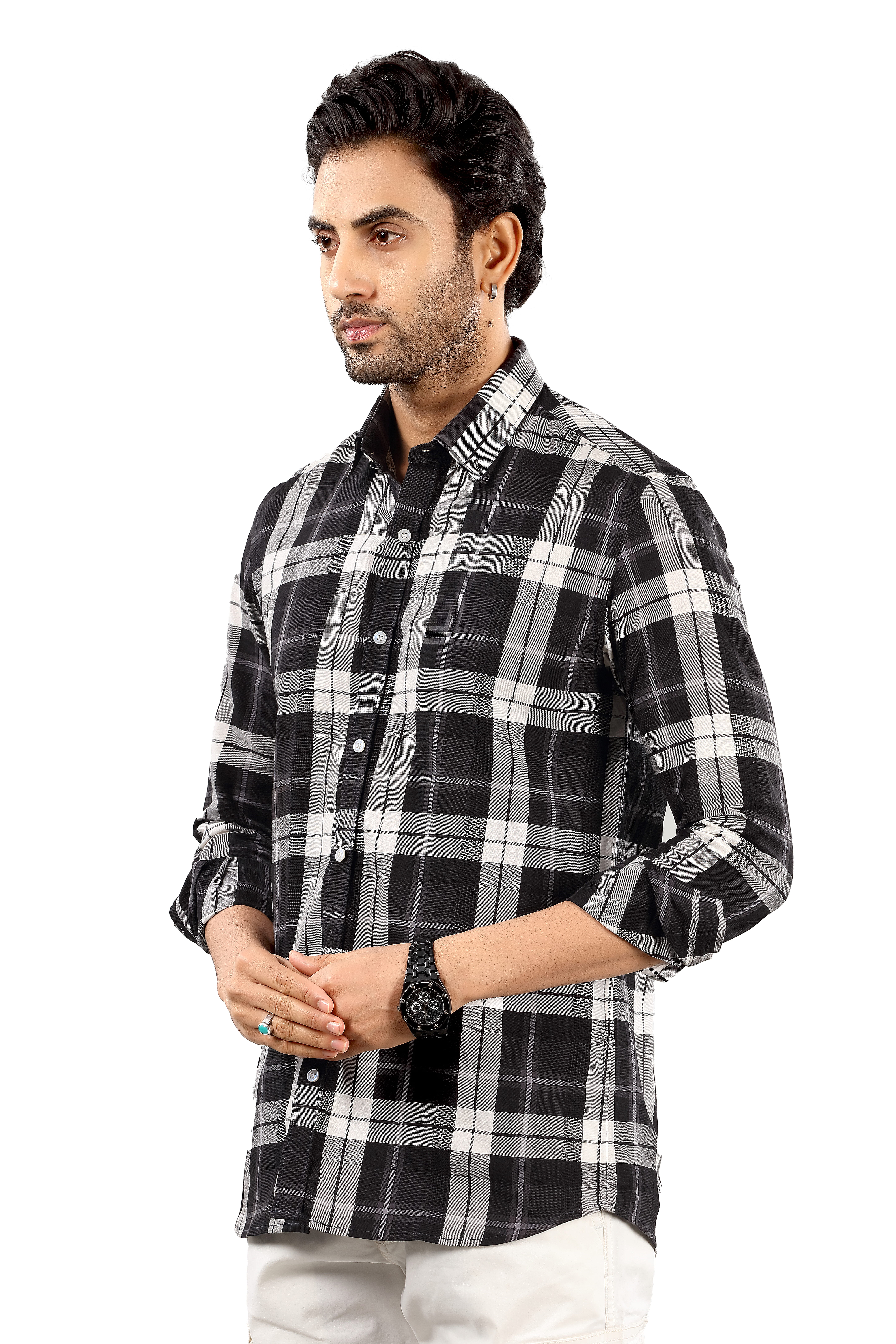 Men's Black Checked  Cotton Casual Shirt