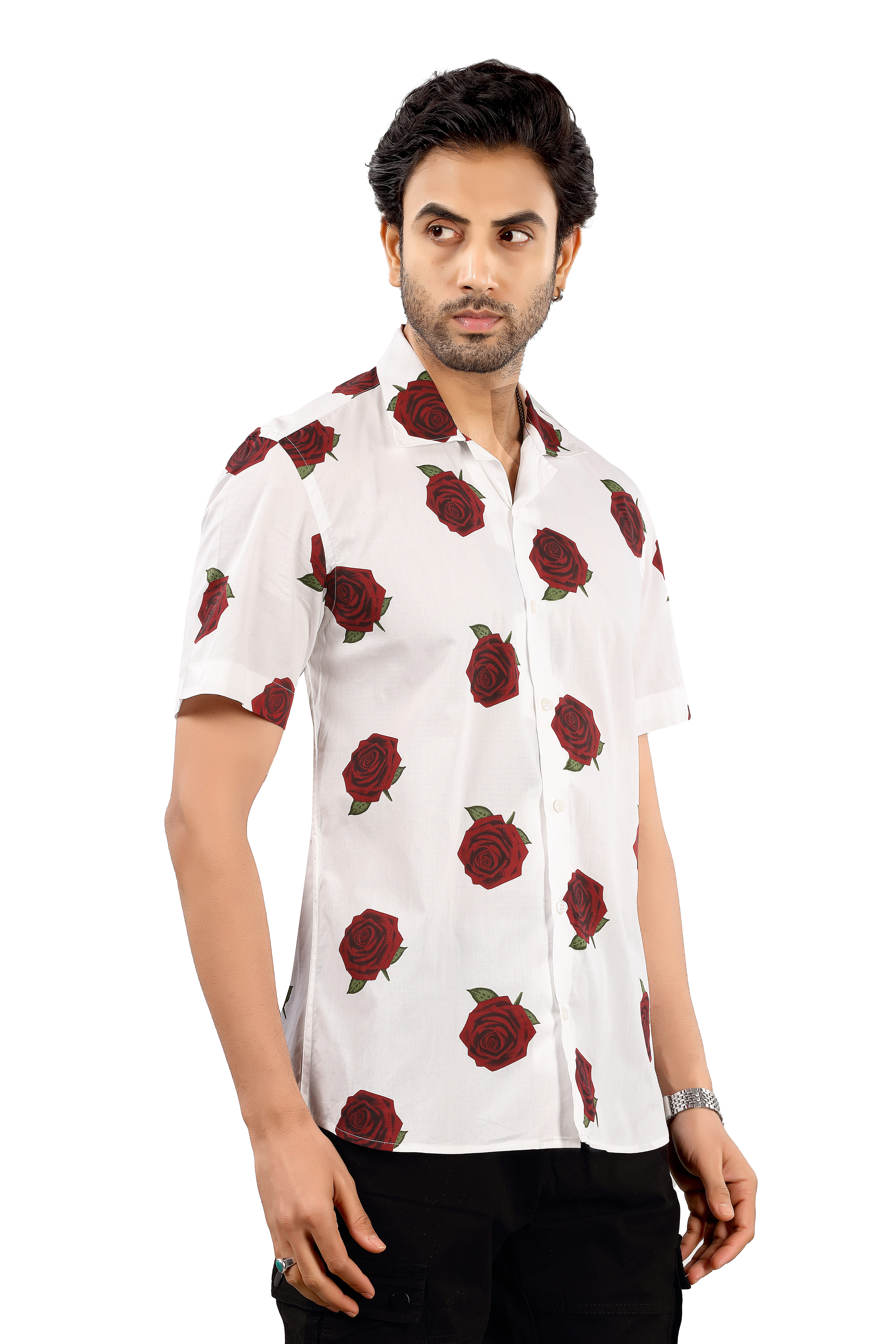 Cotton White Rose Printed Shirt