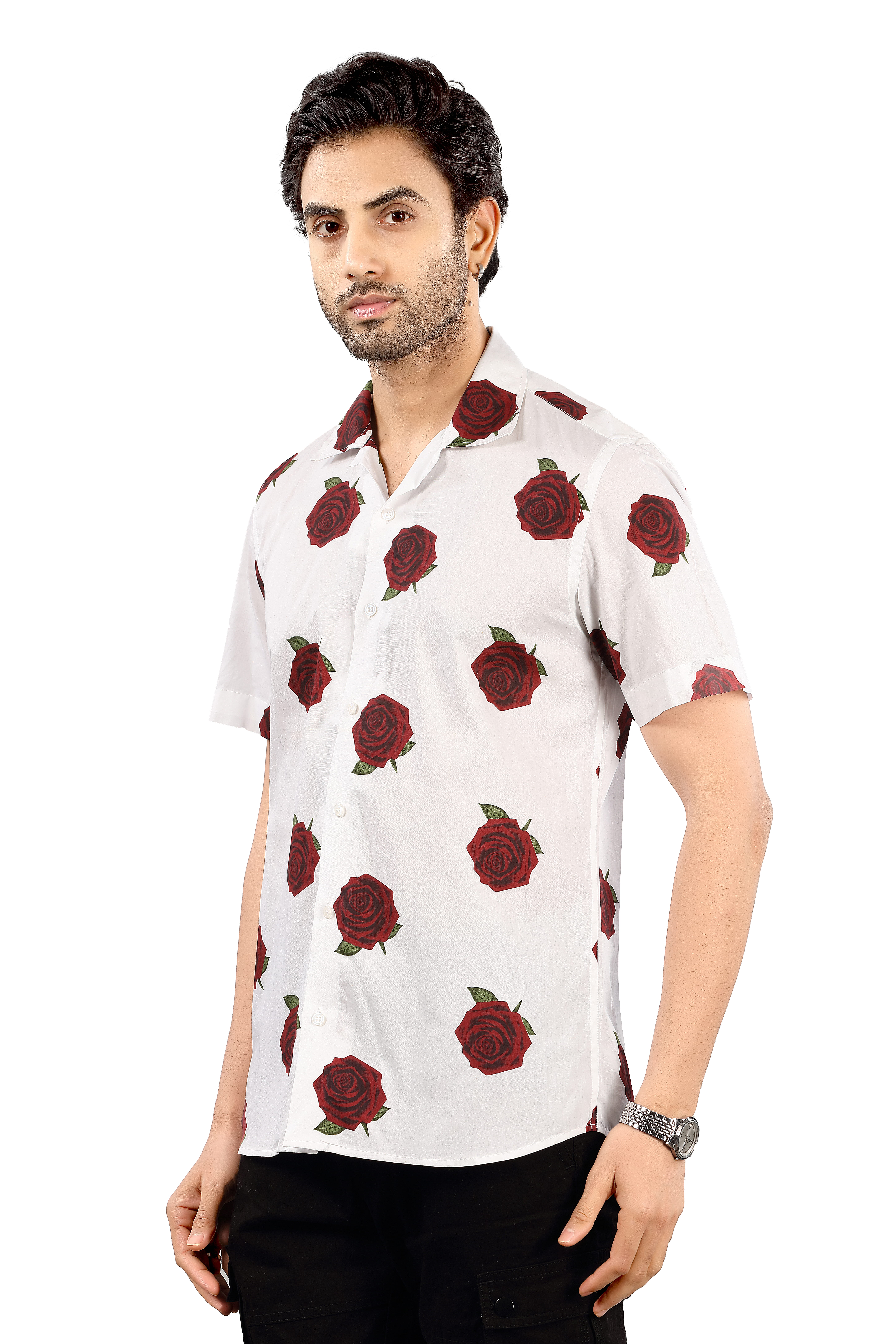 Cotton White Rose Printed Shirt