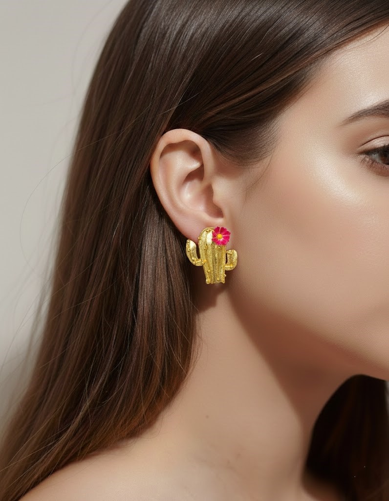 Aretes de cactus dorado