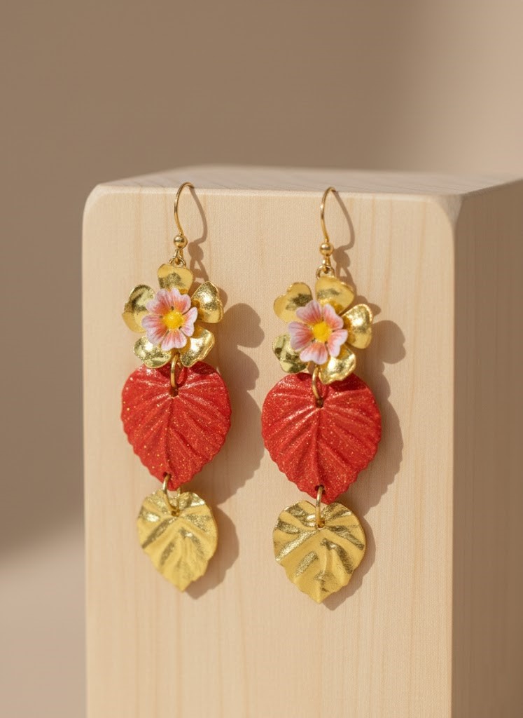 Aretes artesanales de hojas y flores