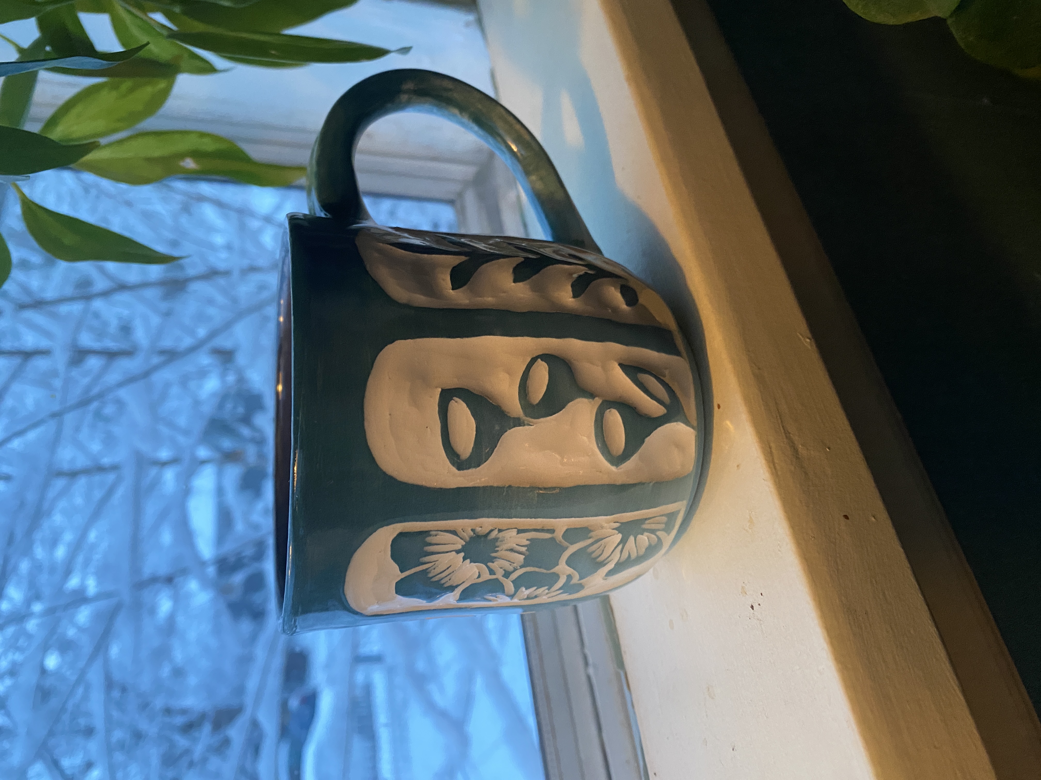 Handmade Teal Botanical Mug, 16 oz
