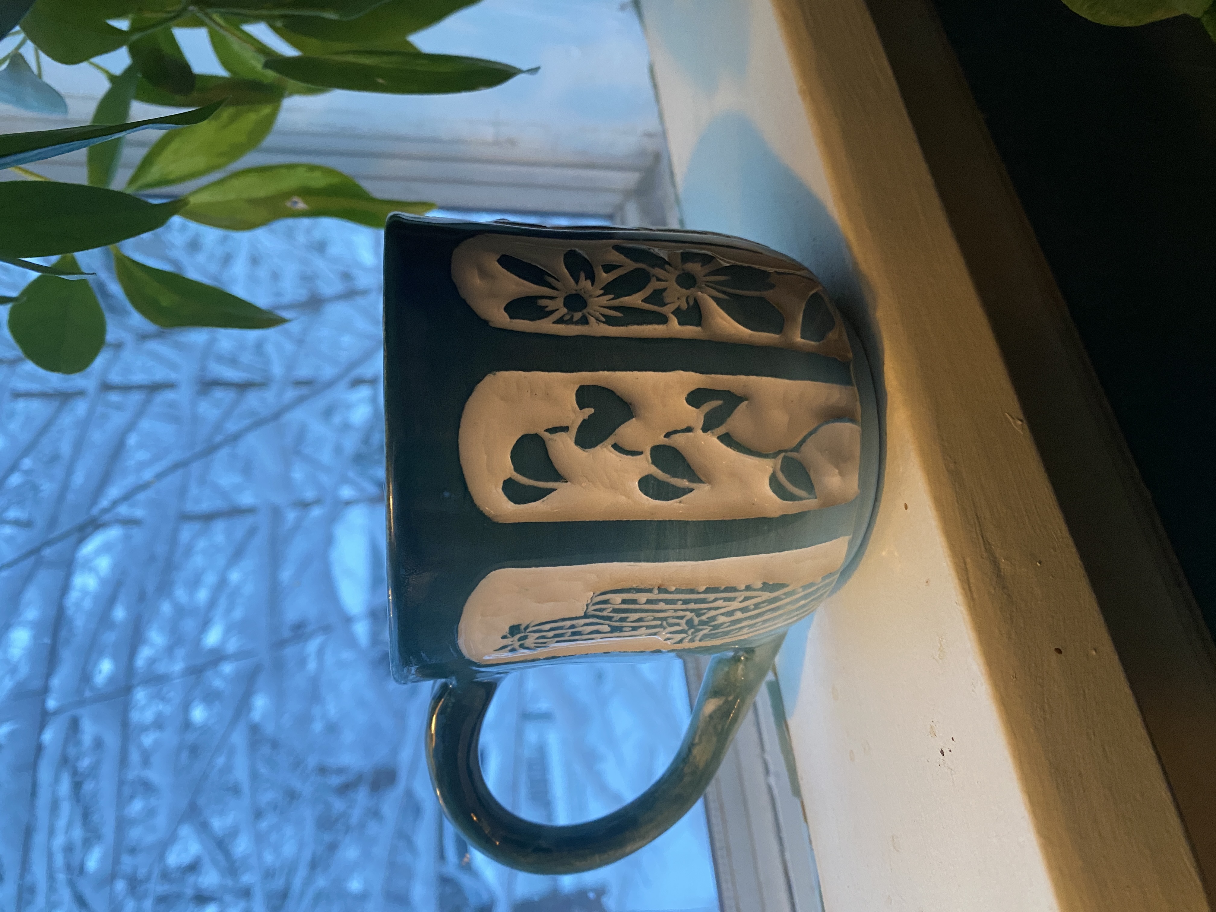 Handmade Teal Botanical Mug, 16 oz