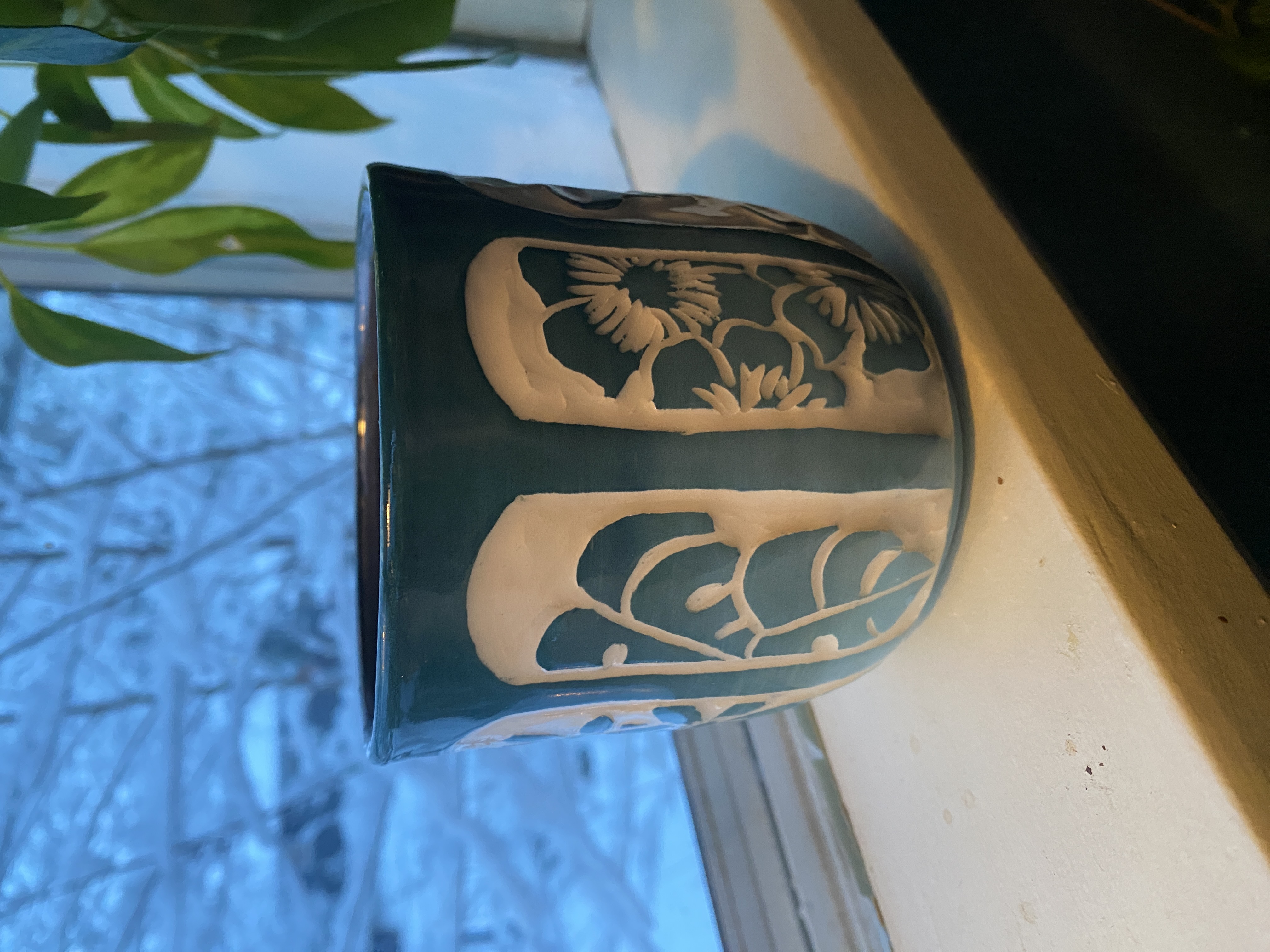 Handmade Teal Botanical Mug, 16 oz