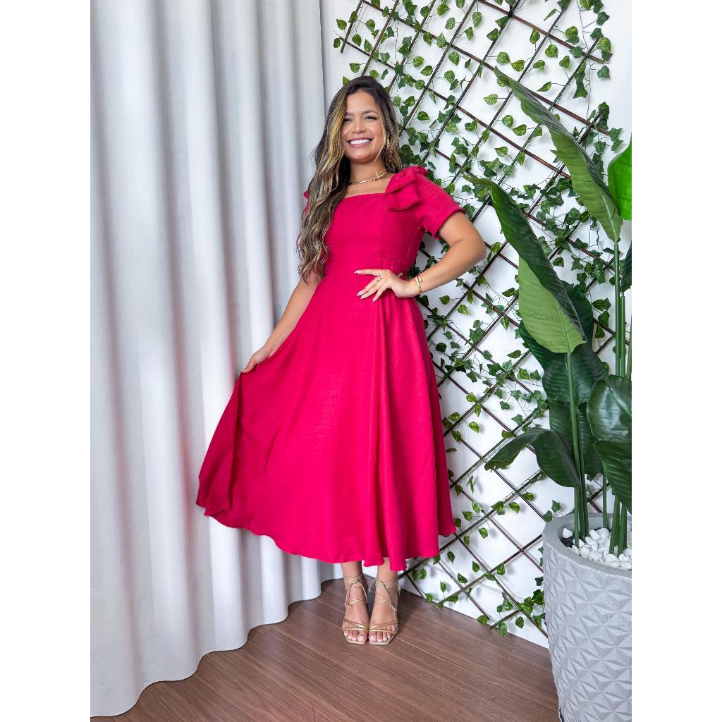 Vestido midi  com laço vermelho