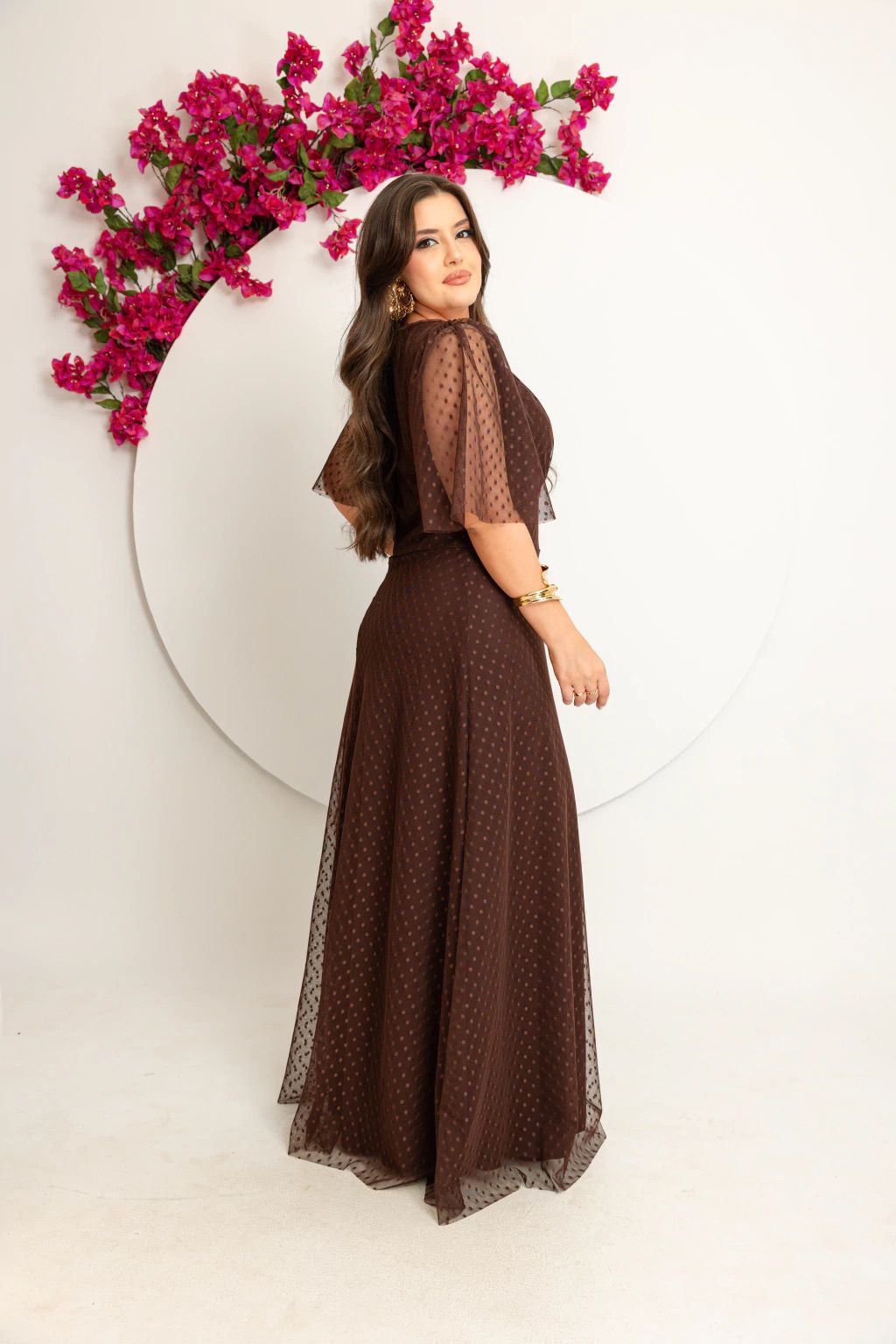 Vestido marrom de tule com poá 38/42