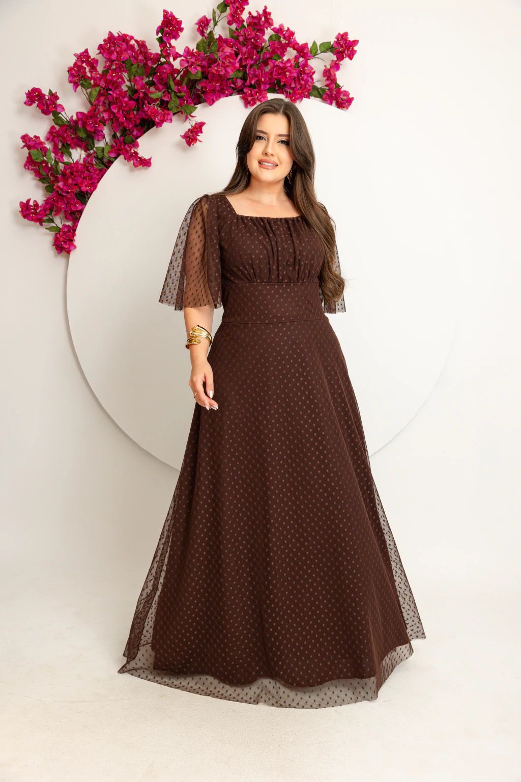 Vestido marrom de tule com poá 38/42