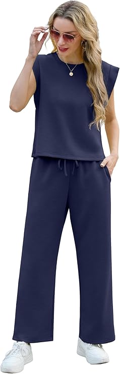 GRECERELLE 2025 Two Piece Sets for Women Summer Round Neck Cap Sleeve Top and Wide Leg Pants with Pockets