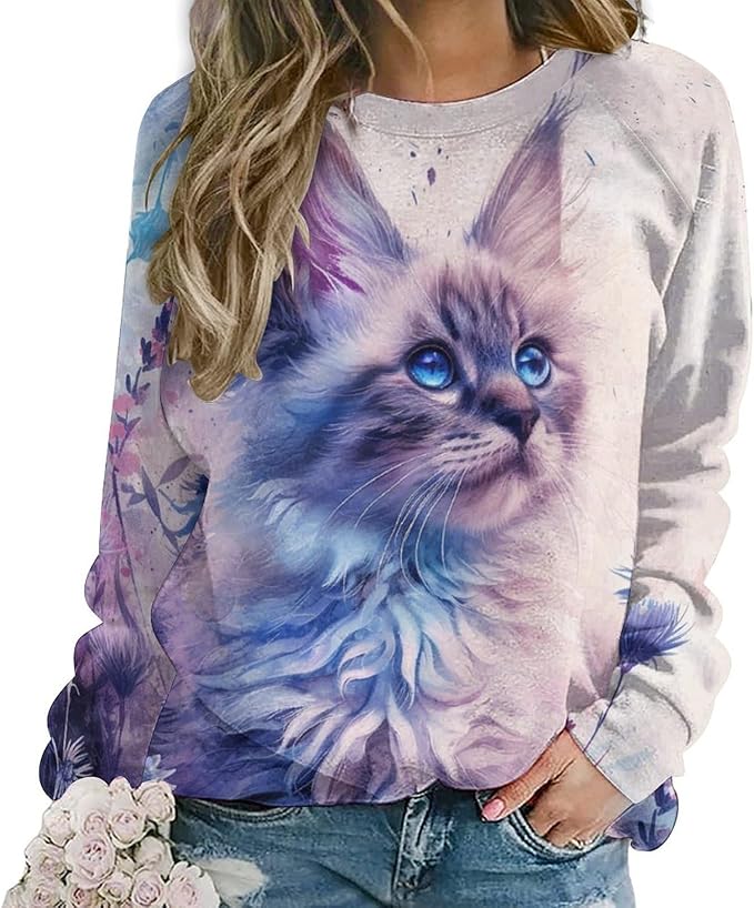 ZOCAVIA Cat Sweatshirts for Women Fall Fashion Casual Crewneck Pullover Tops Butterfly Floral Graphic Y2K Long Sleeve T Shirt