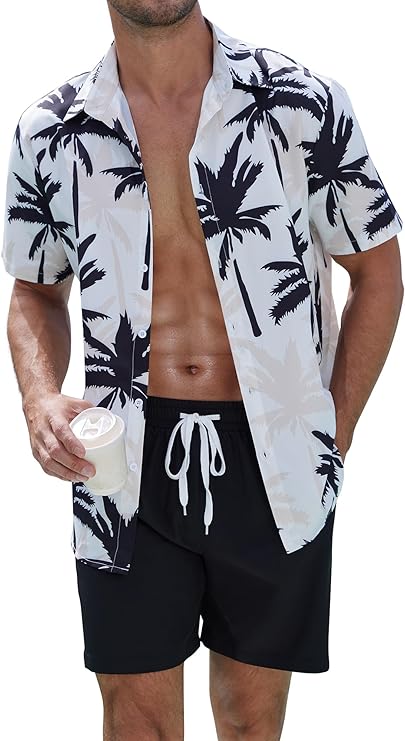 UOUA Men's Beach 2 Piece Outfits Hawaiian Flower Button Down Shirts and Shorts Sets