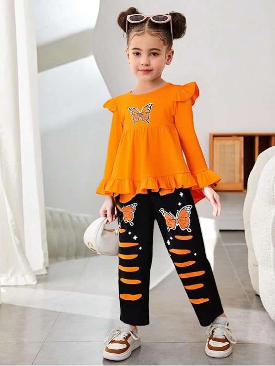 Toddler Kid Girl Clothes Ruffle Sleeve High Low Top Floral Allover Pants Fall Winter Outfit Set