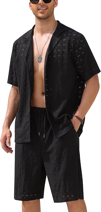 ABAFIP Men's Beach Outfits 2 Piece Short Set Summer Short Sleeve Sheer Shirt and Shorts Vacation Clothes