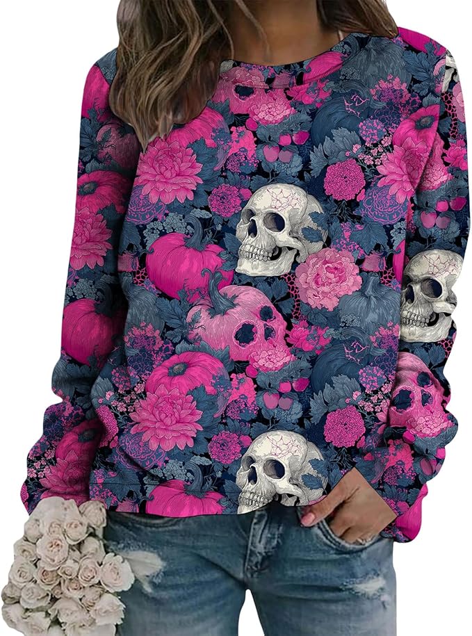 Women's Skull Graphic Sweatshirt Rose Print Pullover Tops Fashion Casual Long Sleeve Fall Outfits