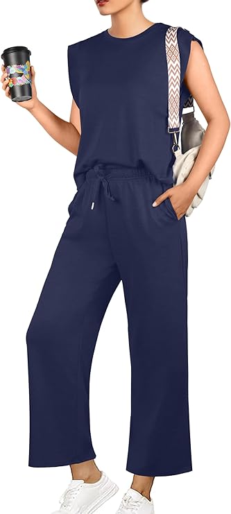 GRECERELLE 2025 Two Piece Sets for Women Summer Round Neck Cap Sleeve Top and Wide Leg Pants with Pockets