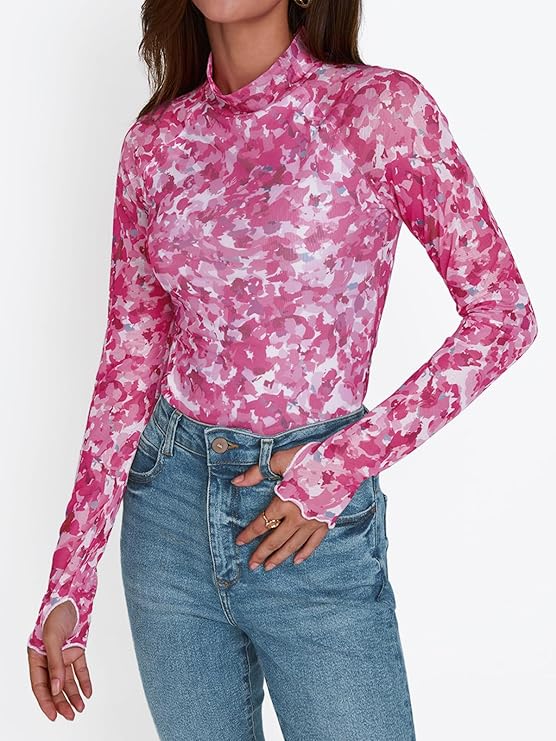 Dealmore Lace Sheer Long Sleeve Floral Mesh Mockneck Trendy Cute Going Out Tops for Women Fall Fashion Outfits 2025 Clothes