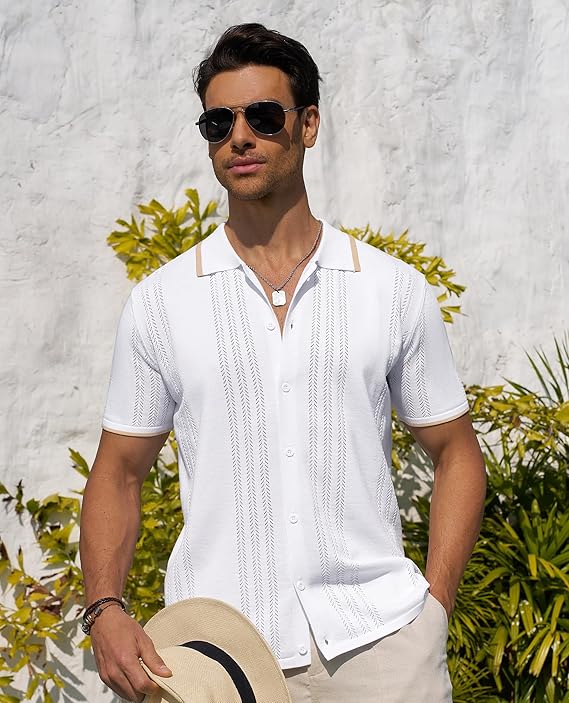 Alimens & Gentle Mens Shirts Casual Button Down Shirts Beach Vintage Knit Short Sleeve Polo Shirt for Men