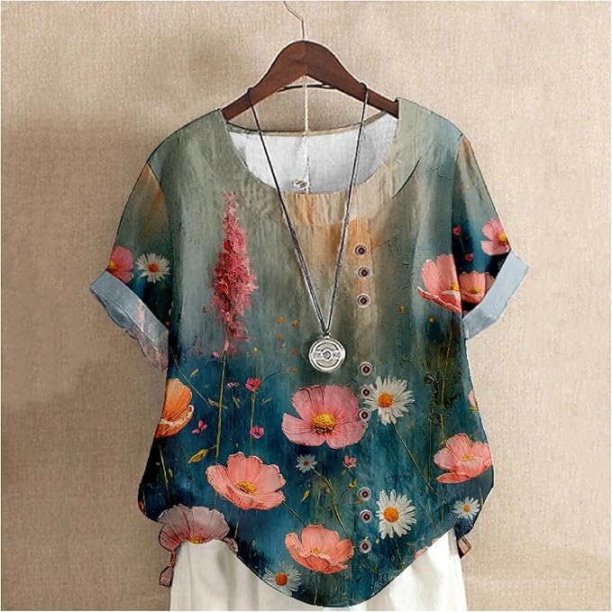 Women's Vintage Linen Tops Short Sleeve Boho Summer Graphic Tees Tunic Shirts Casual Loose Button Blouses