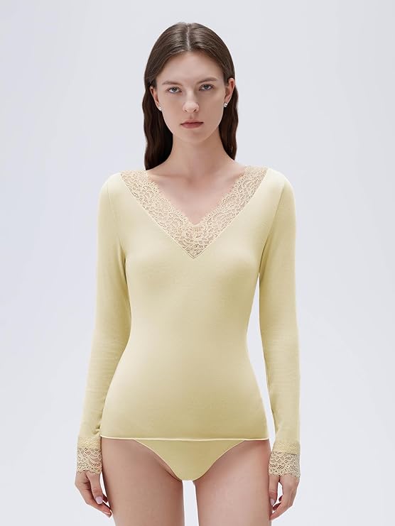 SUUKSESS Cloud Cashmere Women Basic Tops V Neck Boat Neck Lace Long Sleeve Shirt