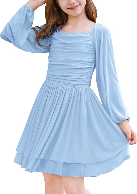 IBAKOM Teen Girl Puff Long Sleeve Square Neck Prom Dress Junior Homecoming Wedding Outfits Tween Fancy Pageant Birthday Dress