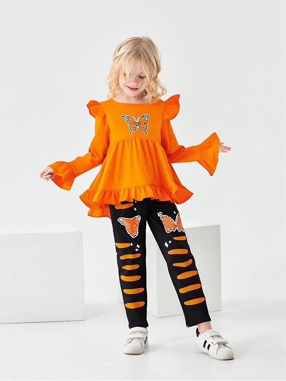 Toddler Kid Girl Clothes Ruffle Sleeve High Low Top Floral Allover Pants Fall Winter Outfit Set