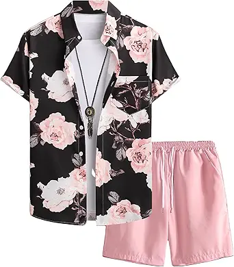 GORGLITTER Men's 2 Piece Vacation Beach Outfits Floral Button Down Shirt and Shorts Cruise Attire Sets