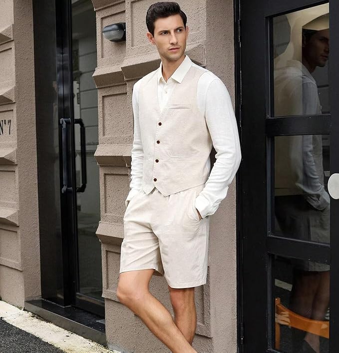 Mens Linen Suit 2 Piece Short Suits for Men Casual Summer Beach Groom Wedding Suit Linen Vest Shorts Set