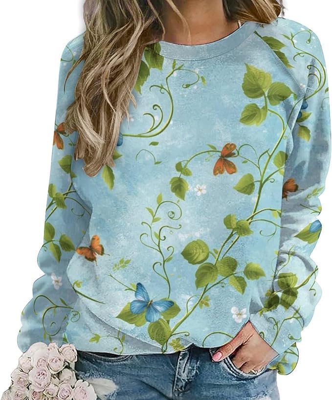 ZOCAVIA Women's Cat Butterfly Sweatshirts Fall Fashion Casual Crewneck Pullover Tops Boho Floral Graphic Long Sleeve Tshirts