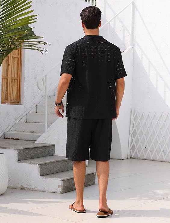 ABAFIP Men's Beach Outfits 2 Piece Short Set Summer Short Sleeve Sheer Shirt and Shorts Vacation Clothes