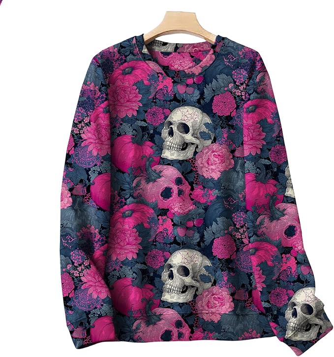 Women's Skull Graphic Sweatshirt Rose Print Pullover Tops Fashion Casual Long Sleeve Fall Outfits