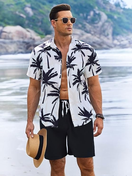 UOUA Men's Beach 2 Piece Outfits Hawaiian Flower Button Down Shirts and Shorts Sets