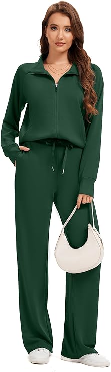 Sixstar Women Two Piece Outfits Sweatsuit Zip Up Sweatshirt Wide Leg Sweatpant Matching Travel Tracksuit Lounge Sets