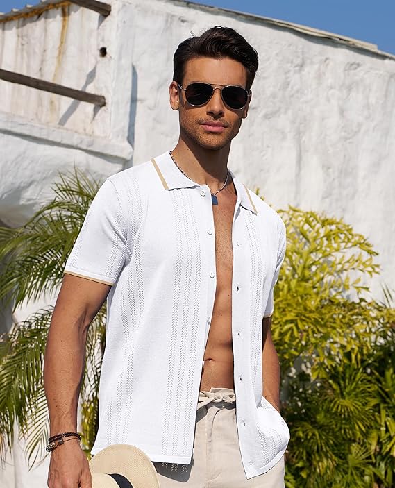 Alimens & Gentle Mens Shirts Casual Button Down Shirts Beach Vintage Knit Short Sleeve Polo Shirt for Men