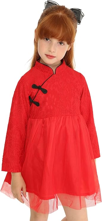 Mud Kingdom Cute Little Girls Lace Dress Long Sleeve Chinese New Year