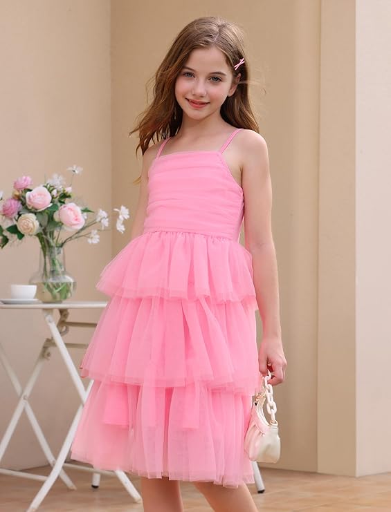 Girl Ruffle Formal Wedding Tiered Tulle Dress Teen Pageant Birthday HOCO School Prom Outfits Junior Graduation Dress